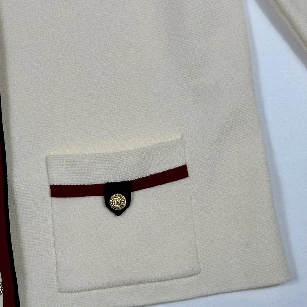 Anne Klein Cream Knit‎ Cardigan Burgundy Trim Gold Lion Button Lady Jacket Small